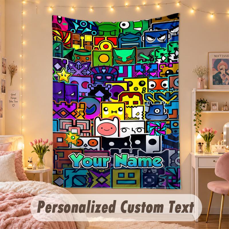 Arazzo Personalizzato su Misura, Stampa Geometry Dash Testo con Nome Personalizzato Arte da Parete da Appendere per Camera da Letto