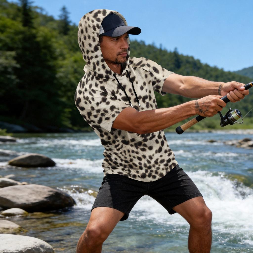 Men's Leopard Print Raglan Hoodie, Short Sleeve Casual Fishing Top, Breathable Outdoor Sports T-Shirt