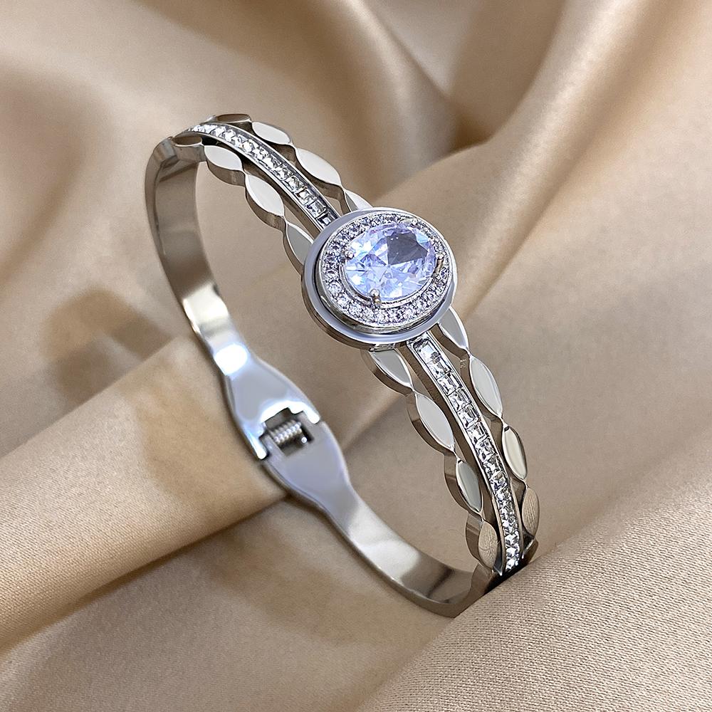 Stainless Steel Bangle Bracelet Inlay Luxury Rhinestones Gorgeous Synthetic Zirconia Geometric Oval Square Stars Shape for Women