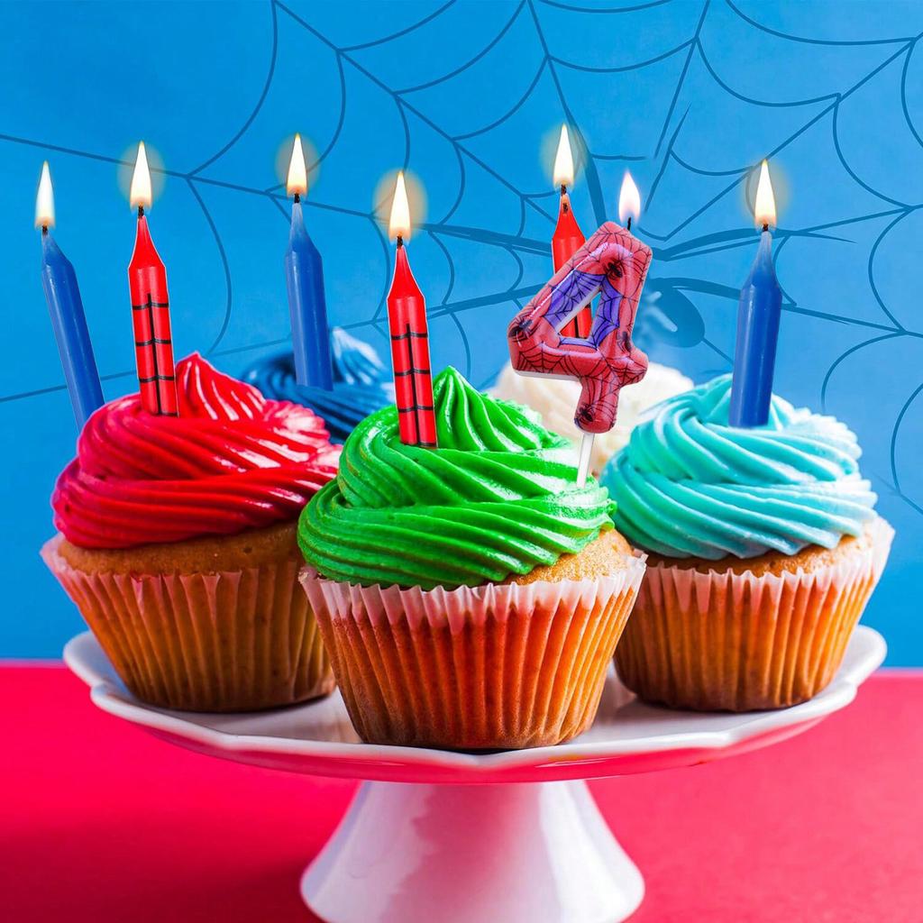 7pcs Red Blue Spider 8th Birthday Number Candles, Number 0-9 Candle Cake Topper Decorations for Spider Cartoon Themed Parties