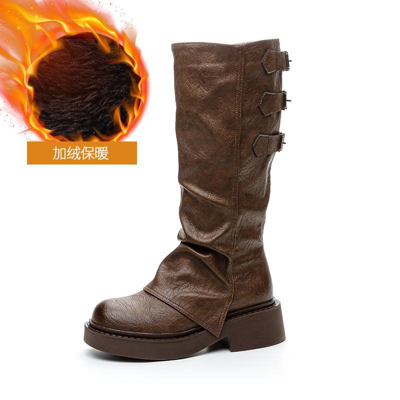 

Британский стиль высокие сапоги дети 2025 новый осень и зима плиссированные рыцарские сапоги на толстой подошве высокие сапоги женские на меху студенческие сапоги для верховой езды 40