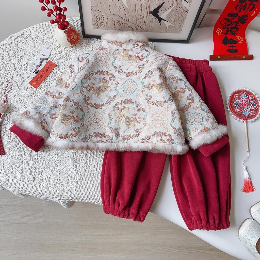 Girls' Winter Chinese Style Suit: New Arrival Thickened Jacket & Trousers Two-Piece Set