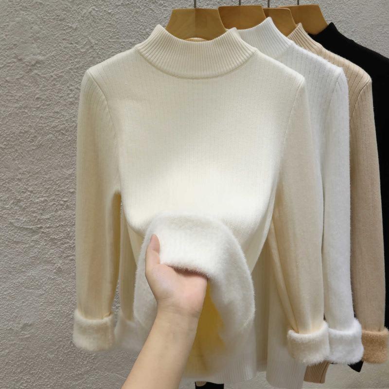 Semi-turtleneck Sweater Women's Thickened Fleece Knitted Bottoming Shirt Autumn and Winter New Integrated Fleece Top