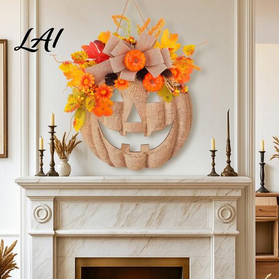 Artificial Autumn Flowers for Wall Wooden Pumpkin Halloween Door Sign with LED Lights Floral Hanging Warm Fall Lighted Wreaths Ornament Window