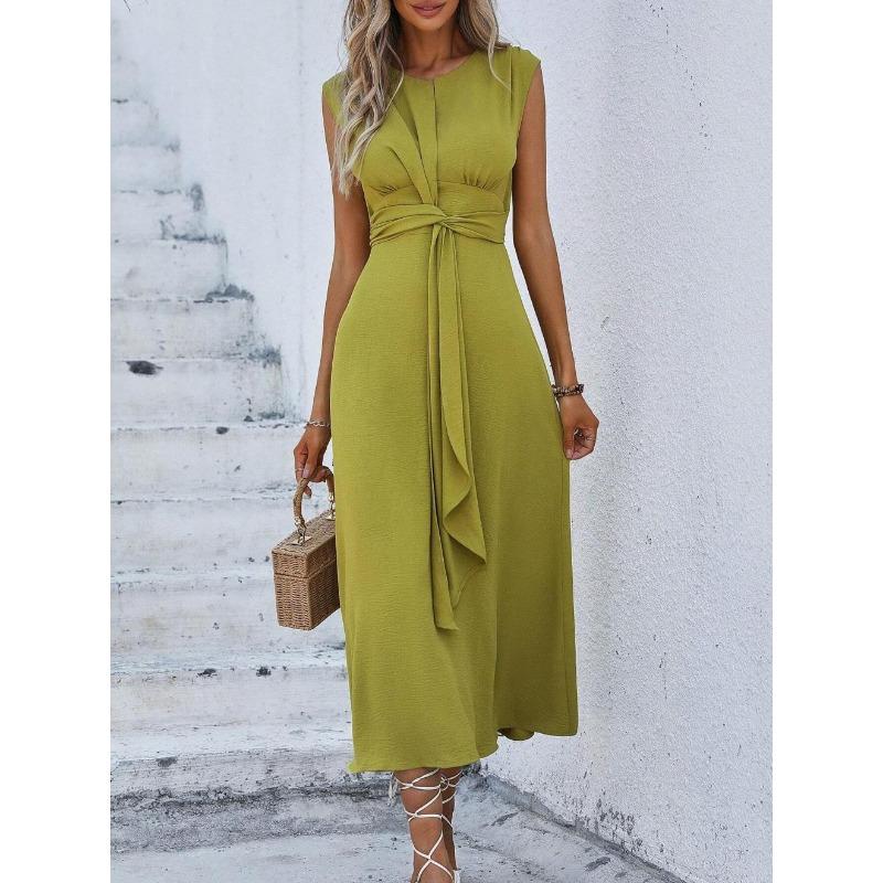 Elegant Sleeveless Front Thin Straps Belted Midi Dress for Summer Women's Solid Color Party A-Line Dress Slim Fit Fashion Evening Dresses
