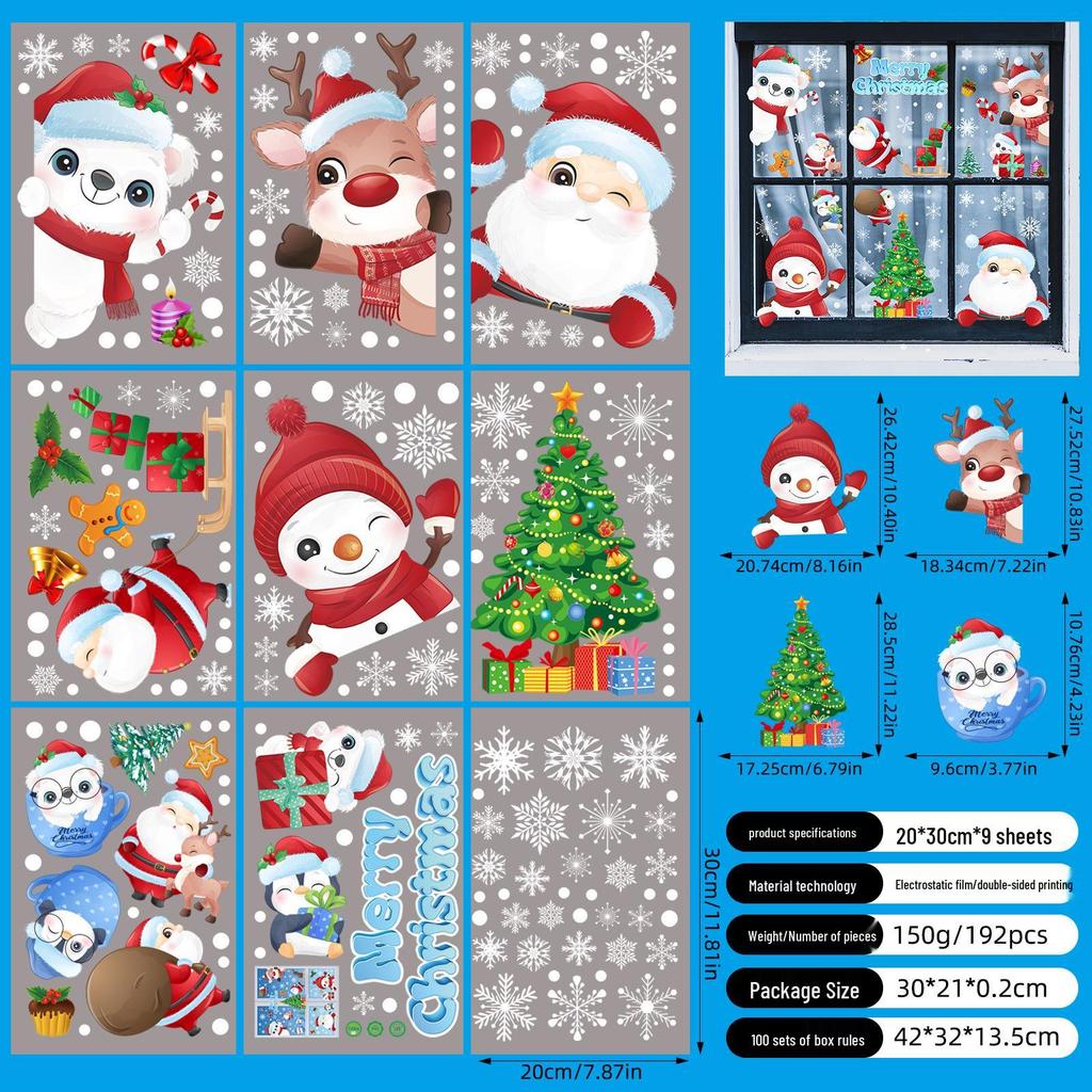 Christmas Snowflake and Reindeer Wall & Window Stickers - Static Santa Claus Decor for Refrigerator and Shops