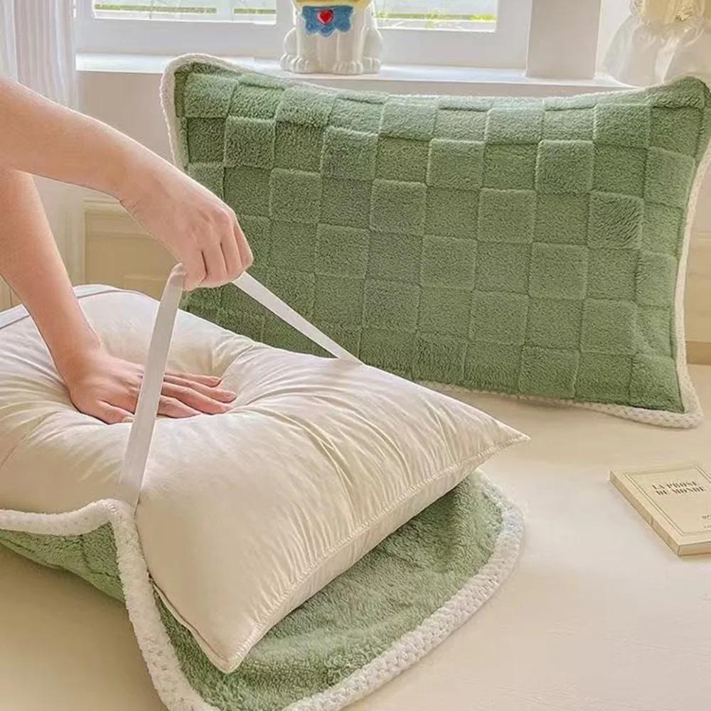 2 pieces Household Coral Fleece Grid Jacquard Pillowcases Plush Elastic Strap Pillow Cover Thickened Warm Cushion Cover Bedroom