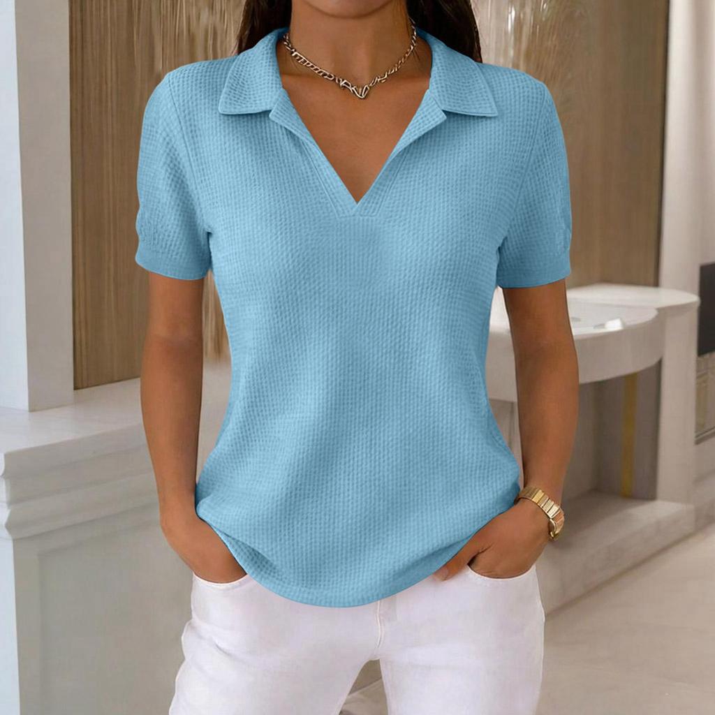 Women's Fashion -Color T-Shirt — Retro Lapel, -Knit, Short-Sleeve Top for Daily Commuting (Spring/Summer)