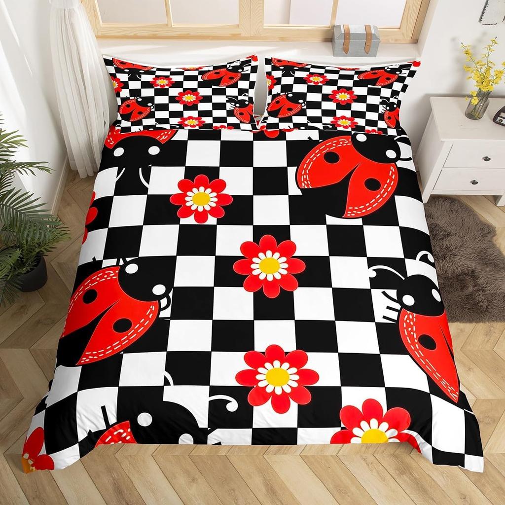 Cute Ladybug Duvet Cover Twin Queen Cartoon Animal Ladybird Insect Bedding Set Kawaii Wildlife Love Heart Print Comforter Cover
