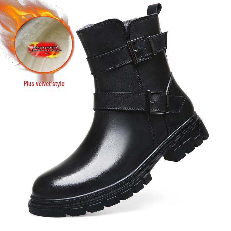 Men s Plus Size Genuine Leather Martin Boots - Fleece-Lined for Autumn/Winter - Warm Work & Motorcycle Rider Boots 37
