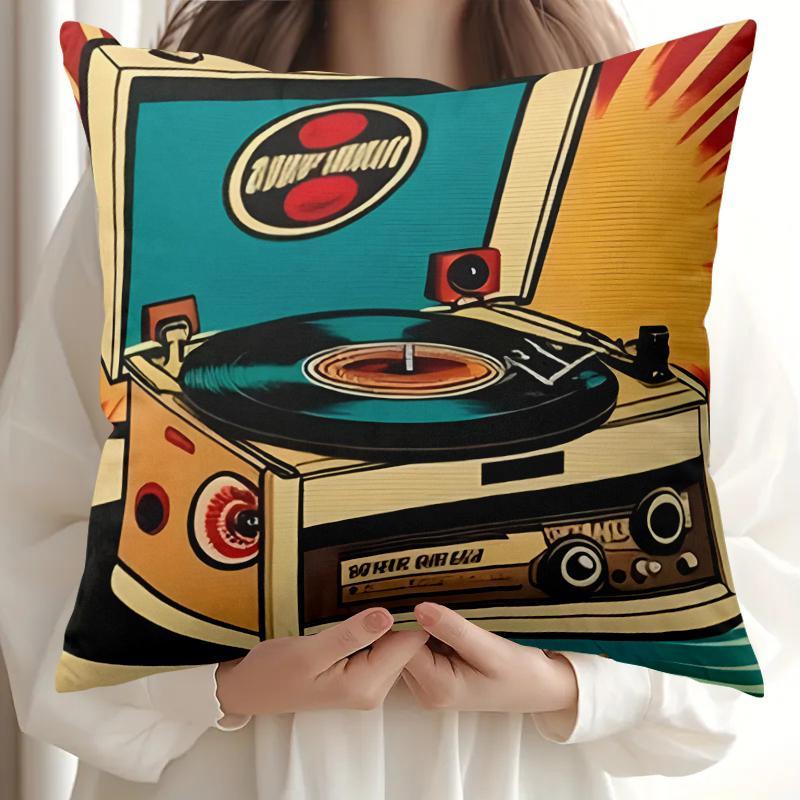 1Pc Retro Vinyl Record Player Pillow Cover, Polyester 2D Double-Sided Print Cushion Case, Vintage Turntable Pop Art Throw Pillow
