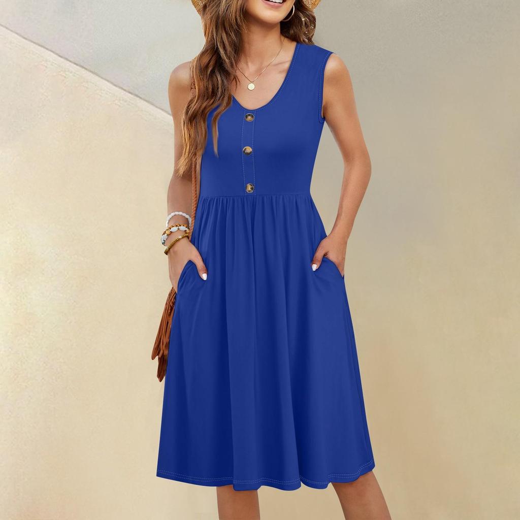 Vestito da donna casual alla moda sexy con scollo a V e bottoni, senza maniche, tinta unita
