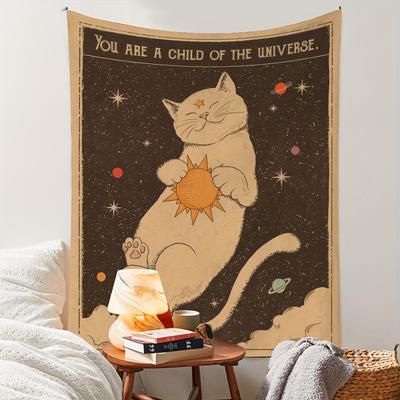 VIKAMA Retro Starry Sky Cat Tapestry You Are a Child of the Universe Healing Bohemian Living Room Decoration