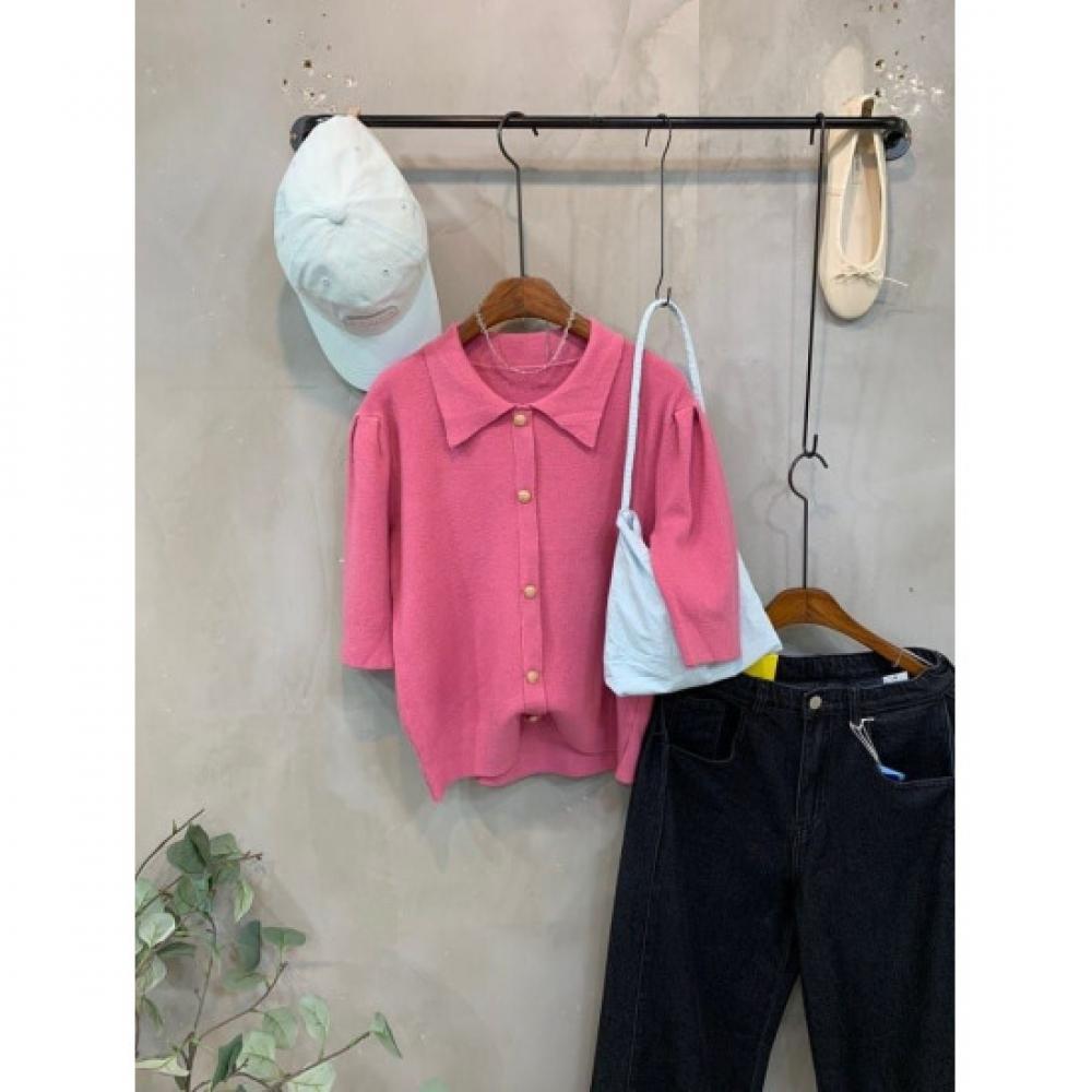 C S In The Room Gold Collar neCk Shoulder pIntuCk Knit 5 SleeveS 4 ColorS