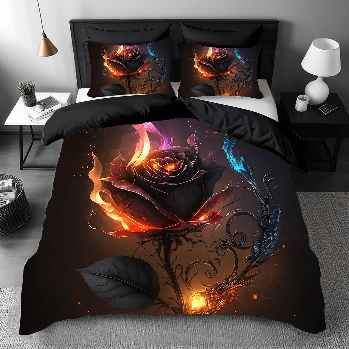 

Three-Piece Flame Rose Series Quilt Cover 3D Digital Printing Bedding Kit 135 * 200cm 50 * 80cm * 1 two-piece set
