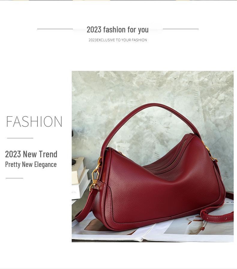 Spring 2025 Versatile One-Shoulder Pebbled Cowhide Boston Crossbody Bag for Women