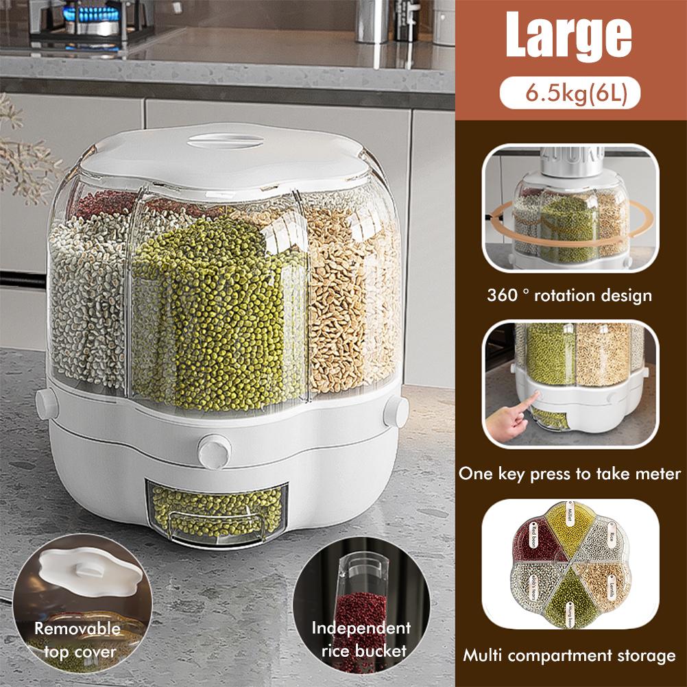Food Grain Storage Container Large Capacity 6.5L 6 Grid Rotatable Rice Dispenser Sealed Grain Food