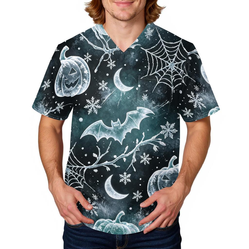 Herren Halloween Print Medizinische Kasack-Oberteil V-Ausschnitt mit Bindeband Taschen Bequeme Passform Tägliche Arbeitskleidung für medizinisches Fachpersonal