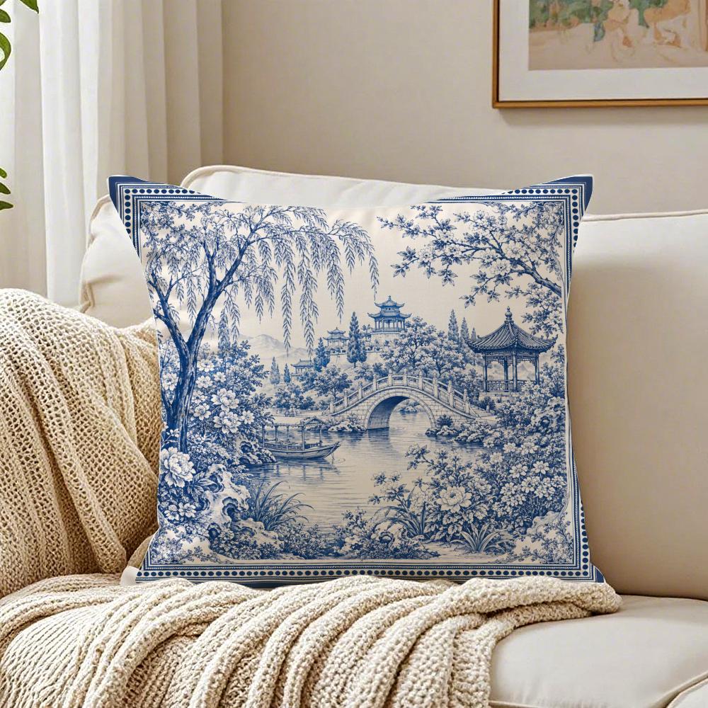 Blue White Landscape Pillow Case Organic Short Plush Cushion Covers Breathable Washable WrinkleResistant