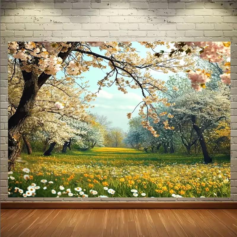 2D Flat Printing Spring Cherry Blossom Tapestry, Blooming Trees and Wildflower Meadow Wall Decor