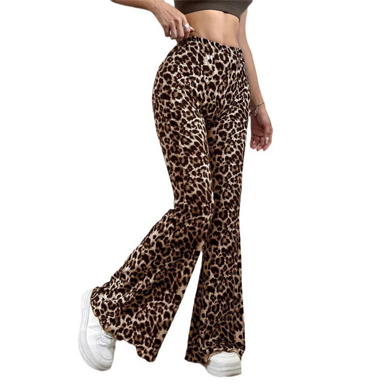 Womens High-Waist Knit Flare Pants With Leopard Print Stretch Waistband Casual Sexy Slim Fit Trousers