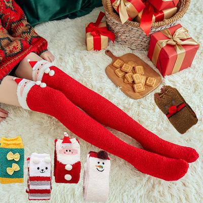 Weihnachts Oberschenkelhohe Flauschige Socken für Damen Niedliche Cartoon Über Knie Socken Winter Lange Beinwärmer Flauschige Strümpfe