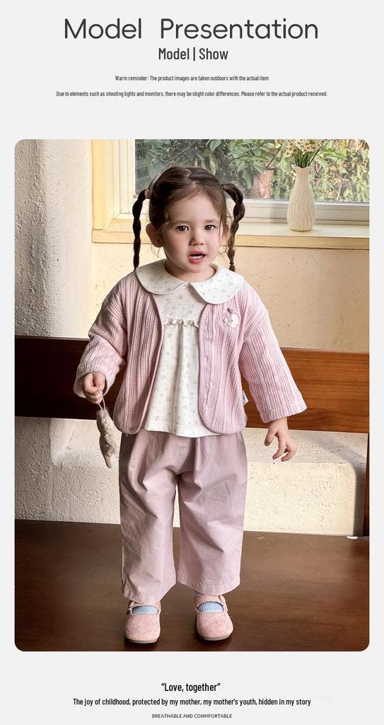 Spring 2026 Girls' Pink Princess Cardigan Set: Sweet Long-Sleeved Jacket & Top
