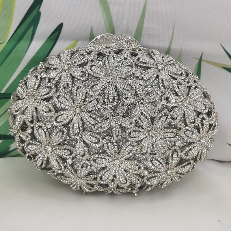

White Rhinestone Evening Clutches Hollow Out Crystal Flower Gold Wedding Party Diamond Purses Female Lady Dinner Banquet Bags 18.5cmX13cmX6cm серебряный