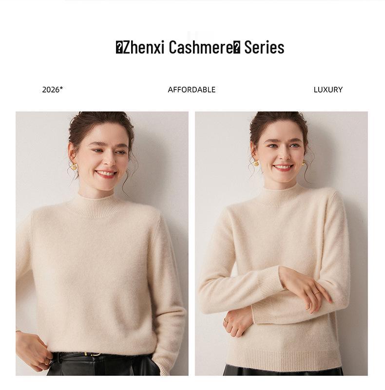 Women's 100% Cashmere Thickened Long Sleeve Sweater - Half-High Neck, Versatile Knit Base Layer for Autumn/Winter