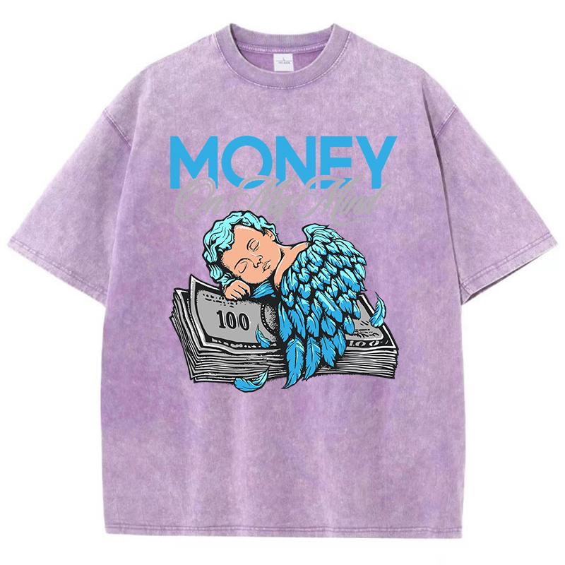 Vintage Dámská trička s kyselým praním Peníze v mé mysli Manga Anděl Potištěné topy Kulatý výstřih Bavlna Oversize Trička Módní oblečení