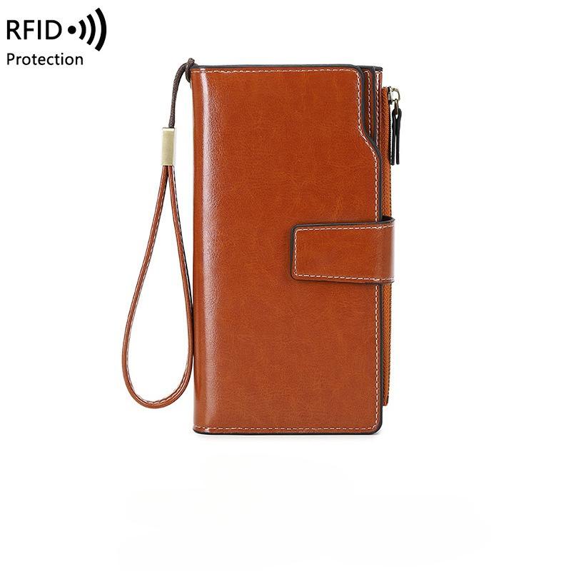 Women PU Leather Long Wallets RFID Antitheft Clutch Zipper Coin Pocket Oil Wax Retro Wallet High Quality Female Card Holder Coin Purse