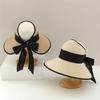 New Women's Straw Hat Summer Trip Beach Sunshade Hat Korean Fashion Bow Streamer Foldable Empty Top Hat