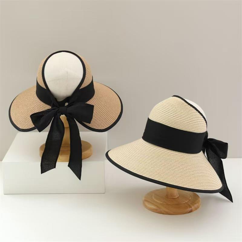 New Women's Straw Hat Summer Trip Beach Sunshade Hat Korean Fashion Bow Streamer Foldable Empty Top Hat