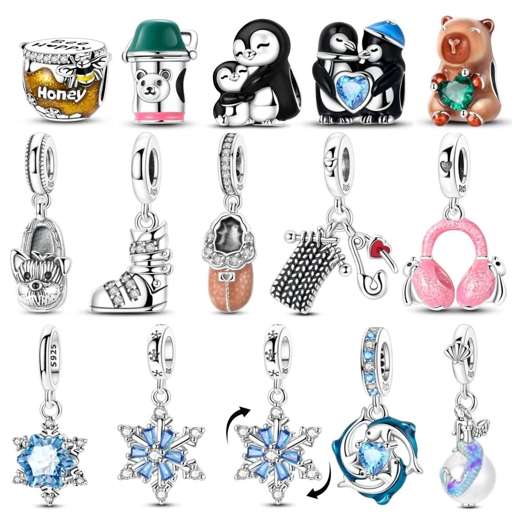 Copper Winter New Penguin Snowflake Capybara Earmuff Sweater Charm Bead Pendant Fit Diy Bracelet Necklace Women Jewelry Gift