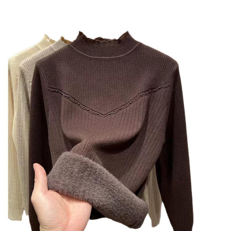 Pulover de bază cu gât semi-înalt pentru toamnă și iarnă pentru femei, cu dantelă de catifea adăugată, îngroșat, dintr-o singură piesă, pulover tricotat din catifea pentru căldură și croială lejeră