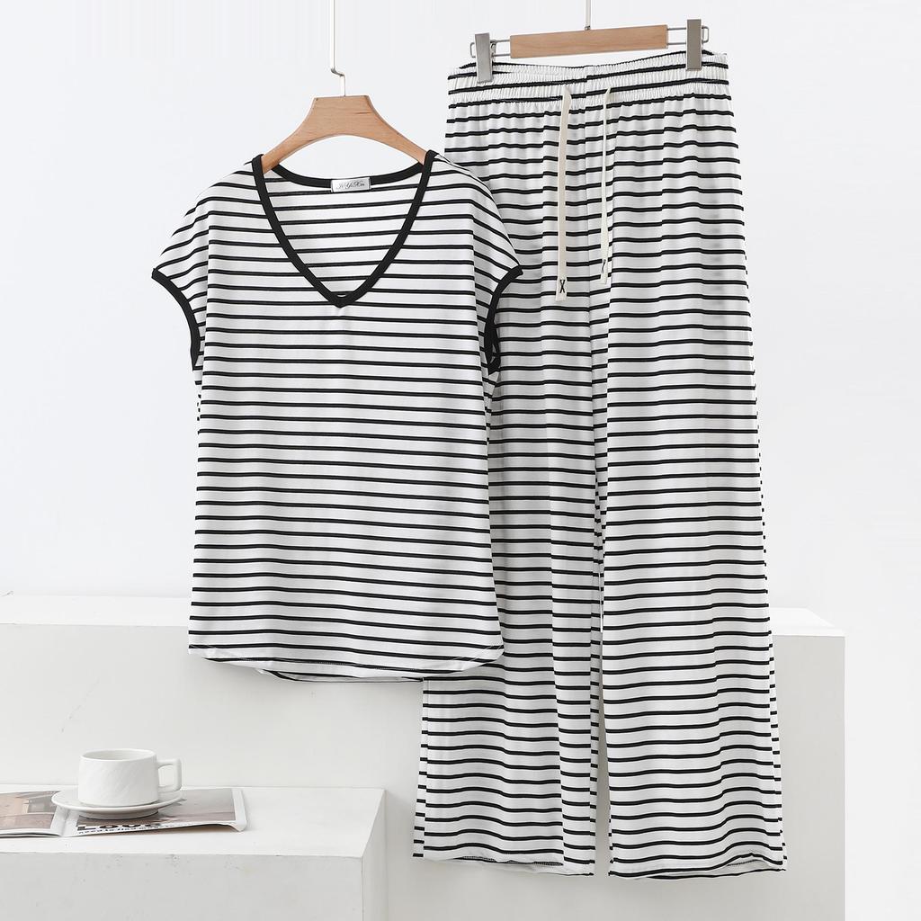 Modal Black & White Striped V-Neck Sleeveless Casual Two-Piece Women's Set with Long Pants