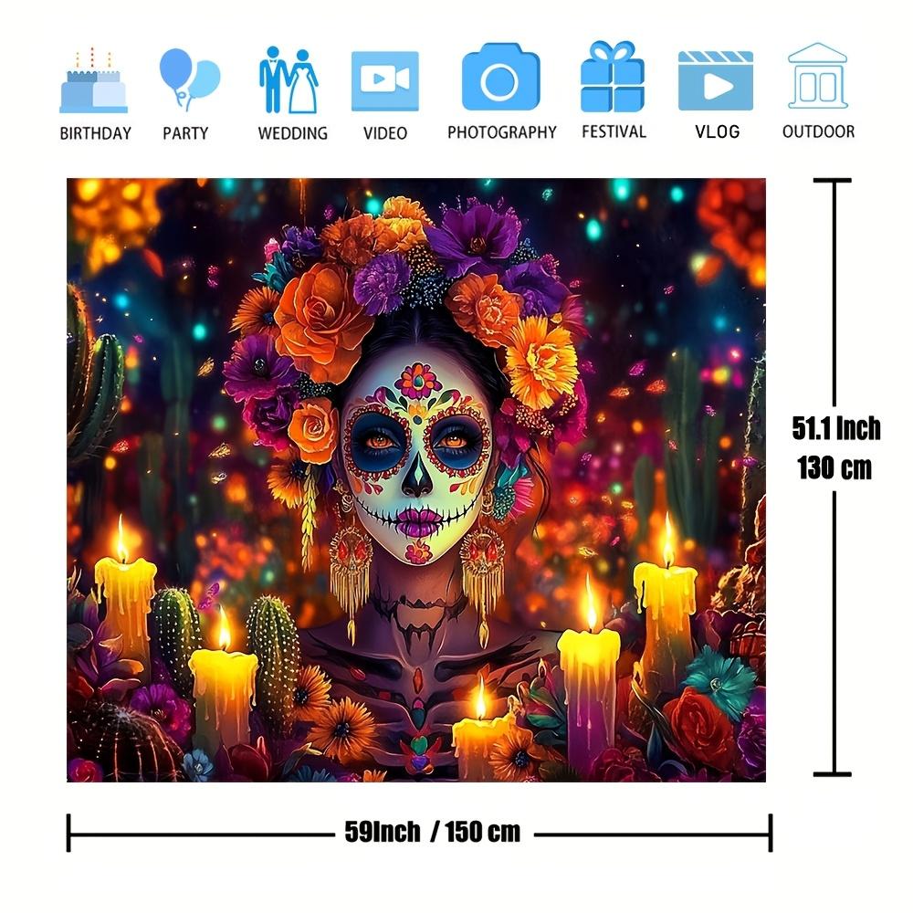 1 Vibrant Sugar Skull Backdrop Banner – Extra Large Day of the Dead Themed Party Decoration