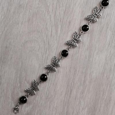 Black Agate Butterfly Bracelet: Natural Gemstone Gothic Fairy Jewelry