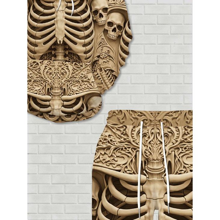 Fashion Casual Autumn Winter Men's Set, Skeleton Floral Carved 3D Print Long Sleeve Hooded Sweatshirt and Pants, 2pcs, Gothic & Streetwear Style,