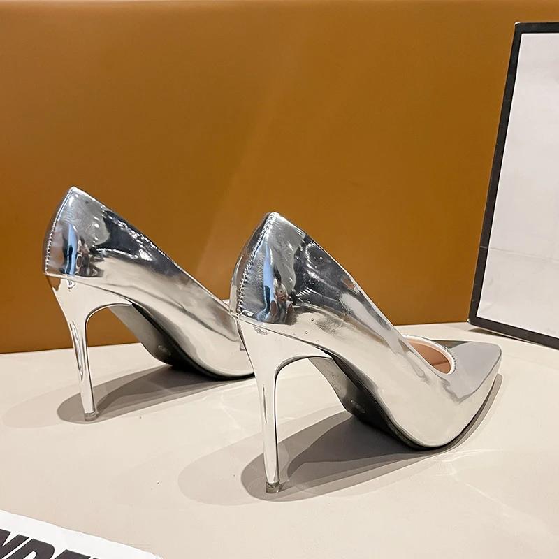 Women Patent Leather Pumps 9cm High Heels Lady Stiletto Low Heels Wedding Bridal Mteallic Silver Sparkly Shoes ladies pumps