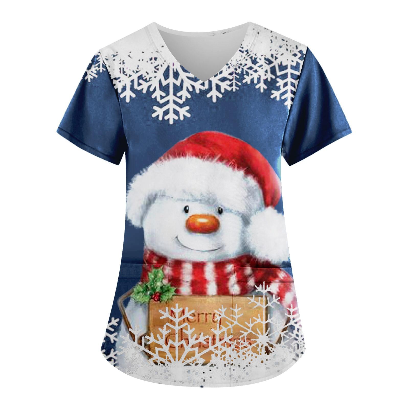 

Women s Fashion Christmas Printed Work Uniform With Pocket T-Shirt Short Sleeve Top XXL