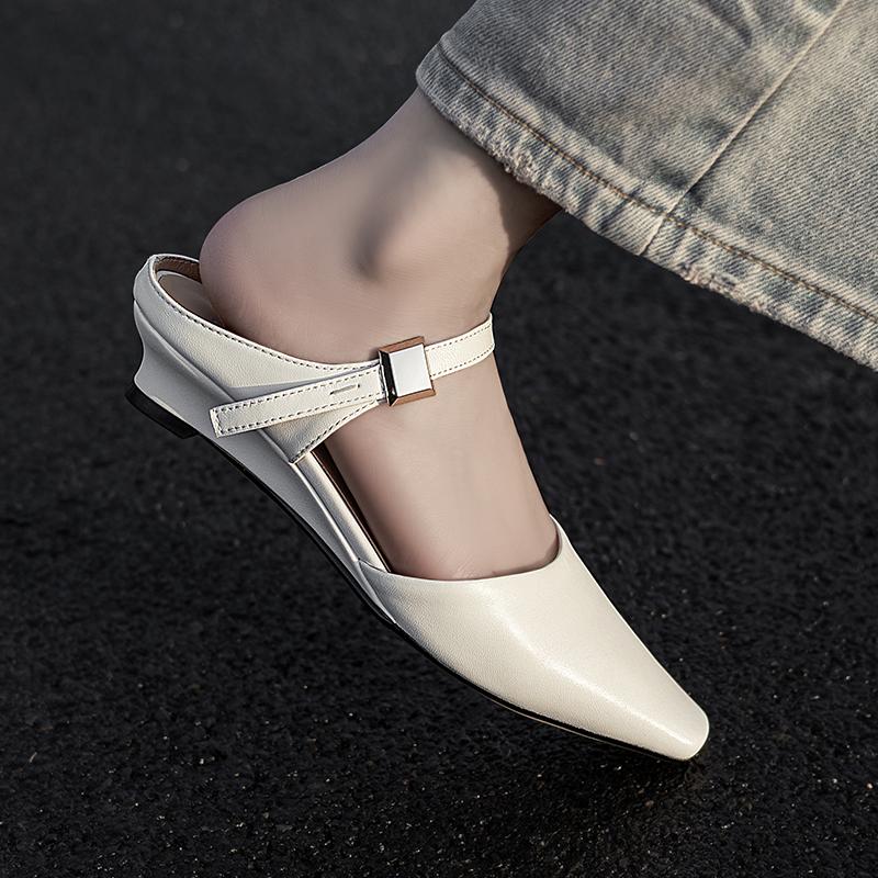 Fashion 2025 Summer Women Mules Genuine Leather Women Shoes Pointed Toe Low Heel Slippers Cover Toe Slingback Sandals Metal Buckle Shoe