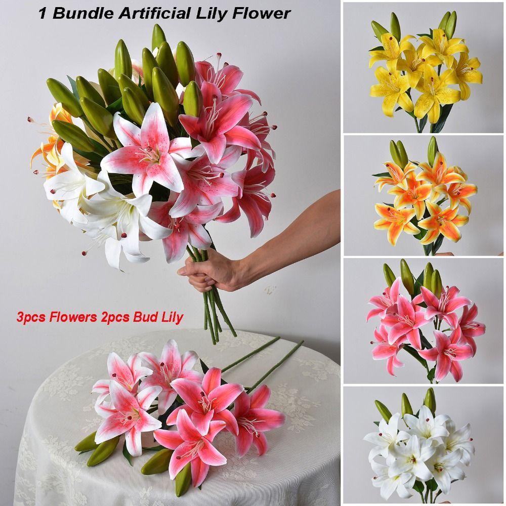 Mit 3 Stück Blüten und 2 Stück Knospen Künstliche Lilienblüte 67cm 6 Farben Kunstblumen Simulationsblumen Lilie Heimdekoration