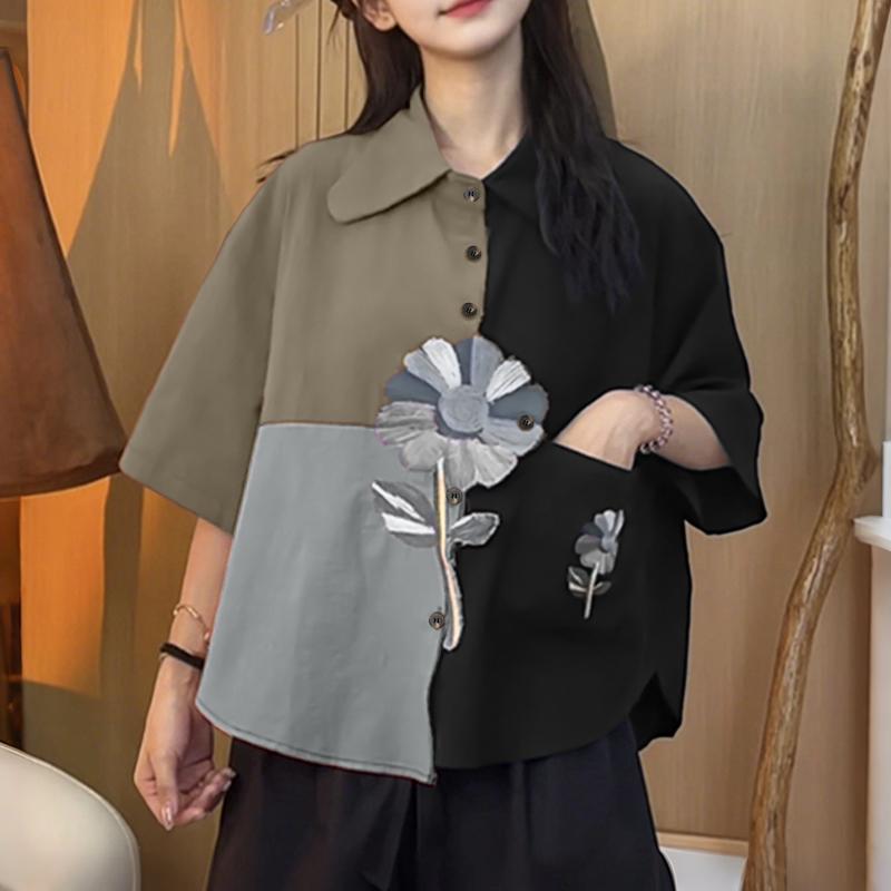 

ZANZEA Женская повседневная блузка с отложным воротником, свободного кроя, с короткими рукавами, пэчворк 5XL серый