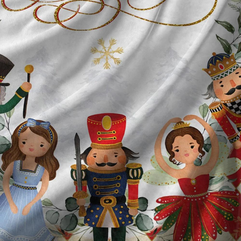 Nutcracker Ballet Christmas Fleece Blanket, Golden Merry Christmas Script with Character Collection, Classic Holiday Throw