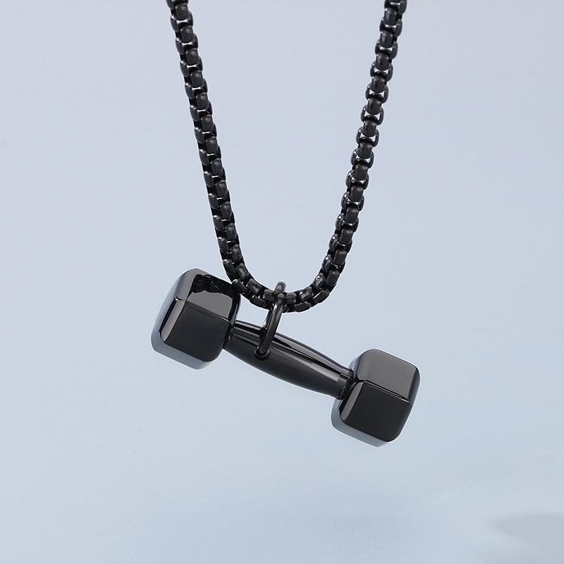 Gold Color Stainless Steel Barbell Pendant Necklace for Men Women Sports Souvenir Gift Square Pearl Chain Charm Trendy Jewelry