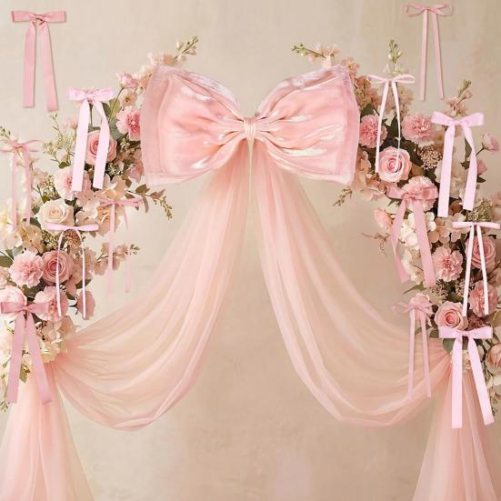 16Pcs/Set Large Bow Kit Giant Pink White Bow with Mini Bows DIY Satin Tulle Bow Wedding Bridal Baby Shower Birthday Party Wall Hanging
