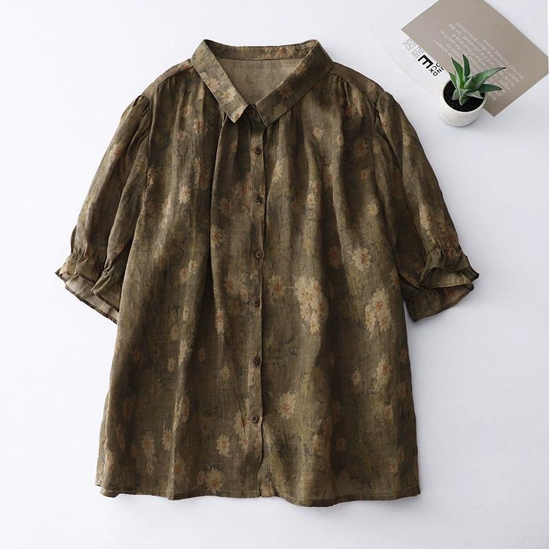 Ladies Summer Literary Printed Lace Short Sleeve Shirt Single Row Multi Button Comfortable Top