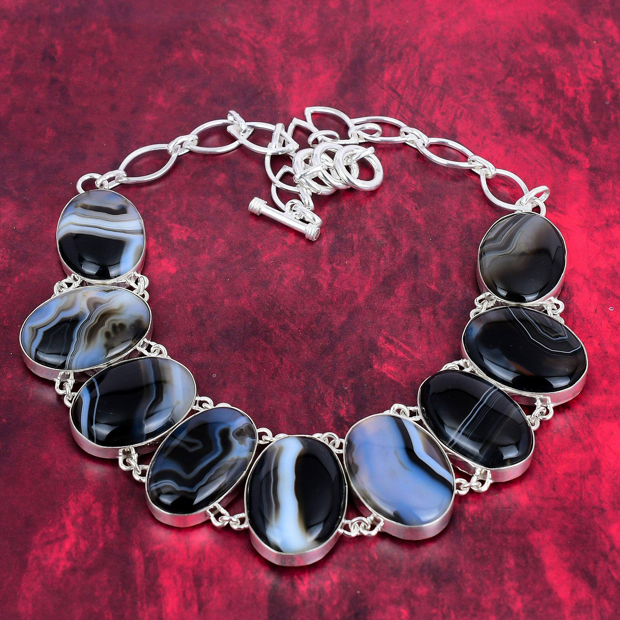 

Ожерелье из твердого серебра 925 пробы с агатом и регулируемой цепочкой, ювелирное ожерелье ручной работы из драгоценных камней на День памяти Adjustable with 18 inches чёрный