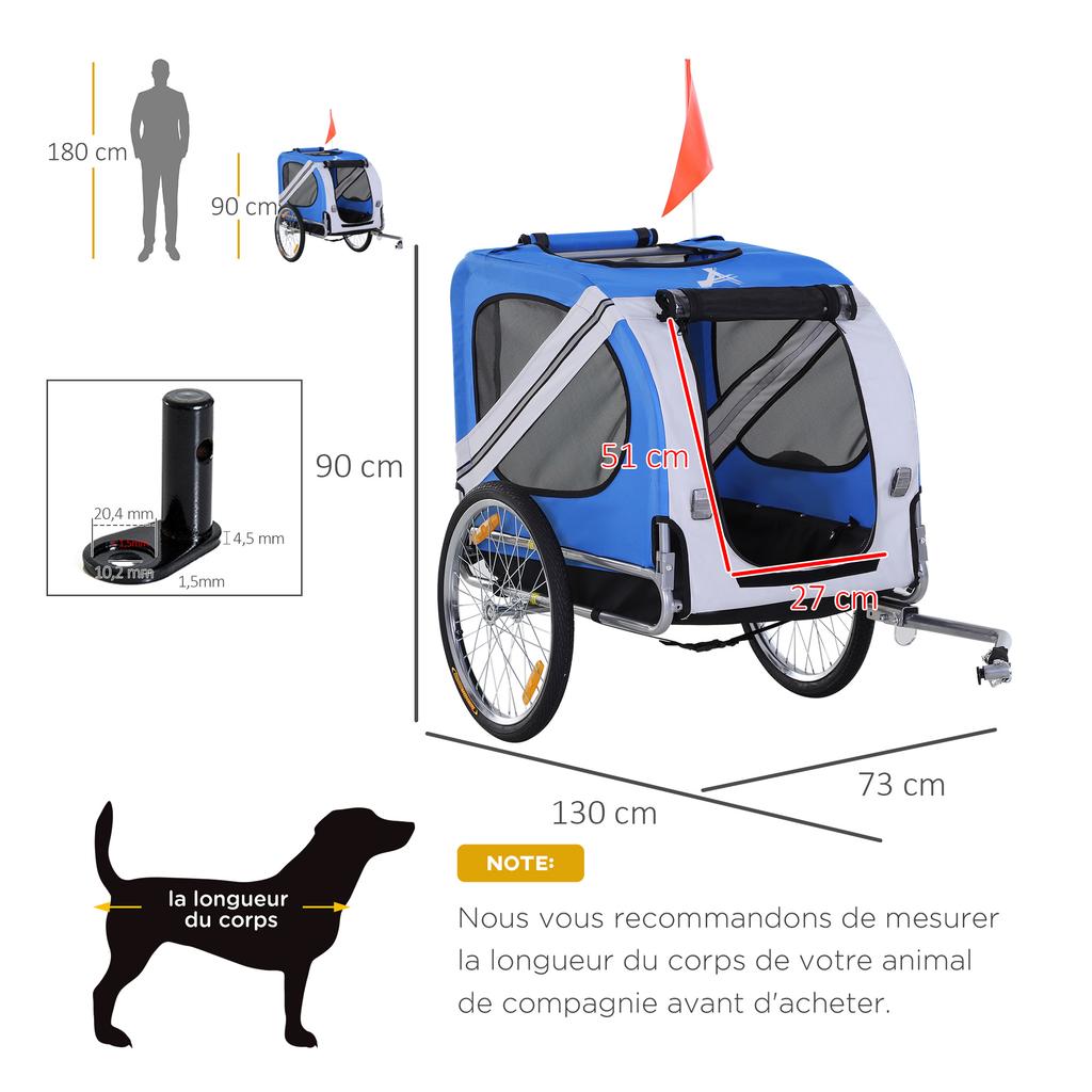 Bike Trailer for Dog Pets 8 Reflectors Flag Hitch Bar Included 130 X 73 X 90 Cm White and Blue